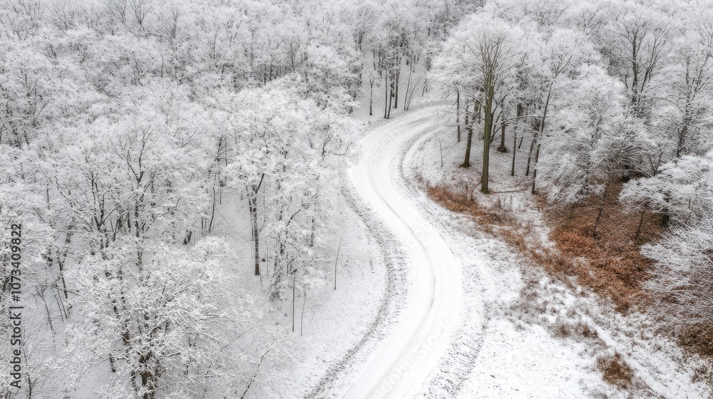 Poster a snowy road with trees in the background