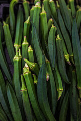Green lady's finger or ocher (Abelmoschus esculentus) at the vegetable market. Plant background