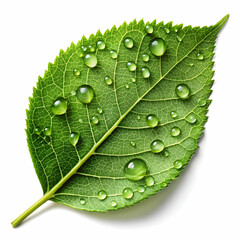 A single green leaf with dew drops, positioned on a smooth surface