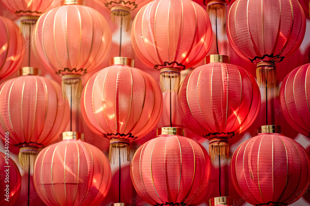 Poster row of red lanterns are lit up, creating a warm and inviting atmosphere. the lanterns are arranged i