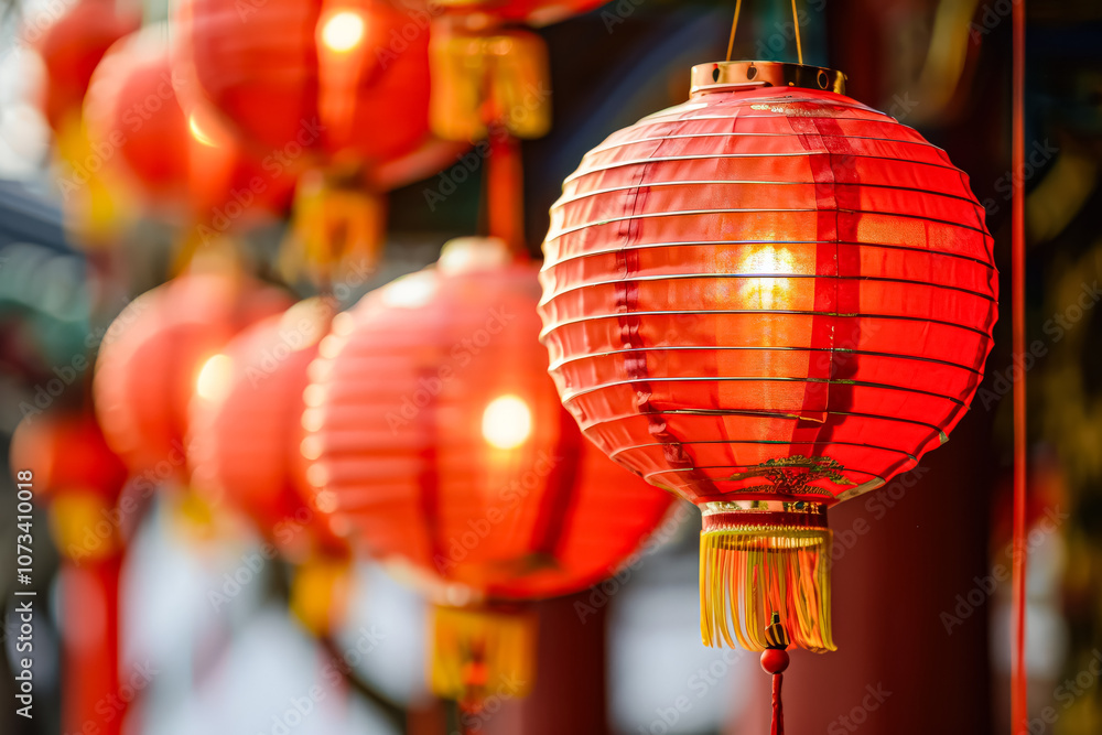 Poster row of red lanterns are lit up, creating a warm and inviting atmosphere. the lanterns are arranged i