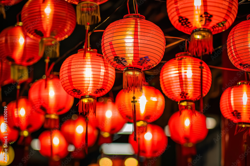 Poster row of red lanterns are lit up, creating a warm and inviting atmosphere. the lanterns are arranged i