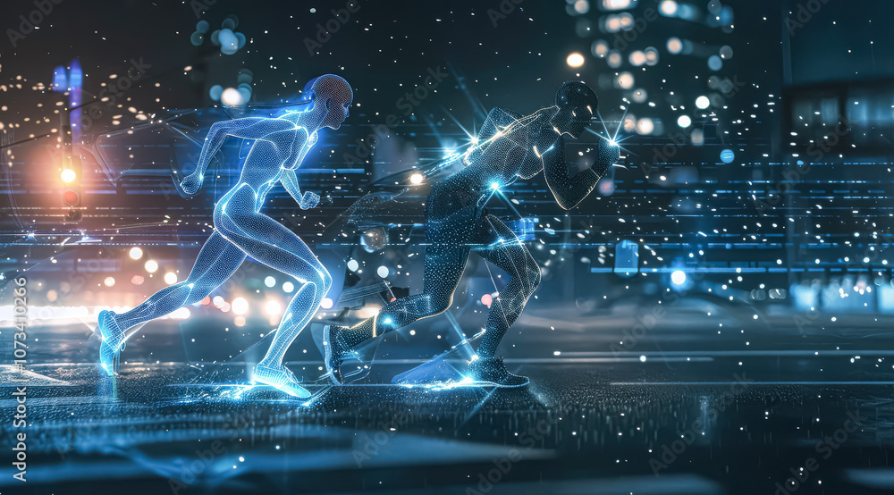 Poster two people running in a city with a futuristic look. the image is a representation of the idea of ru