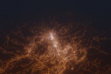 Aerial shot on Sarajevo (Bosnia) at night, view from west. Imitation of satellite view on modern city with street lights and glow effect. 3d render