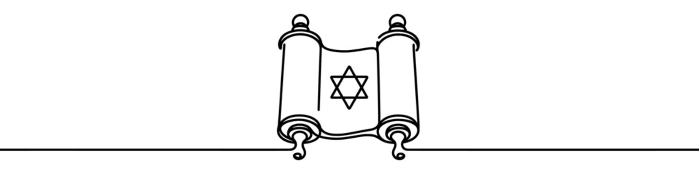 Continuous line drawing of torah scroll with star of david symbolizing jewish faith and traditions
