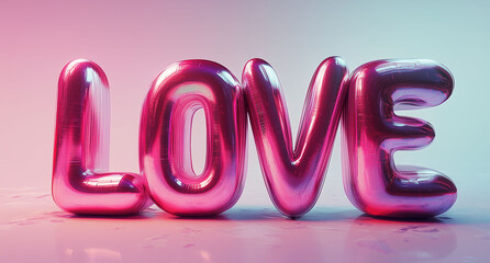Pink Love Inflated sparkling Valentine's balloon. Letters are glossy and have a shiny texture. The overall style is similar to digital art or 20s cartoon animation 