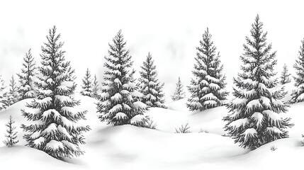 Fototapeta premium Black and white pencil drawing of snow-covered pine trees on a snowy landscape on white background