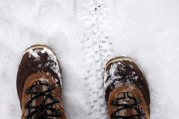 Pair of snow dusted boots standing near a tire tread on a snowy ground, capturing a moment of outdoor winter exploration and adventure. Copy space
