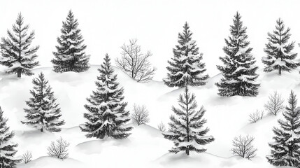 Obraz premium Black and white pencil drawing of snow-covered pine trees on a snowy landscape on white background