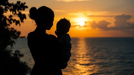 Fototapeta premium Happy family silhouette, Happy family walk on the beach at sunset.