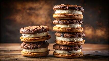 Close-up of Two Stacks of Chocolate Chip Cookies Filled with Creamy Vanilla Filling on a Wooden Table