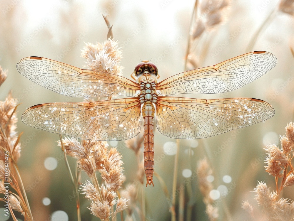 Poster dragonfly perches reed wetland its delicate wings displaying intricate patterns while background fea