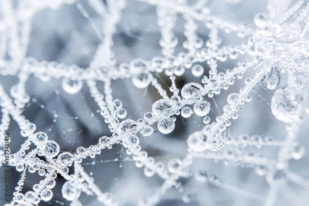 Poster spider web covered in ice crystals. the web is a beautiful and intricate design, with each strand of