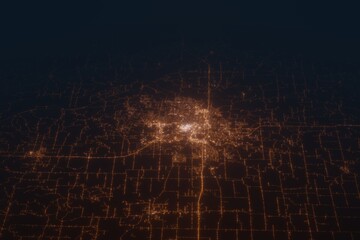 Aerial shot on Columbia (Missouri, USA) at night, view from east. Imitation of satellite view on modern city with street lights and glow effect. 3d render