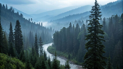 Foggy mountain forest with tall, dark green pine trees