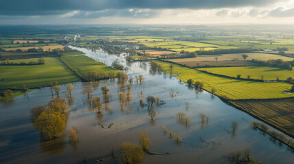 aerial view of a vast flooded landscape with water covering fields and trees partially submerged. The sky is dramatic, with a mix of sunlight and dark storm clouds above the scene