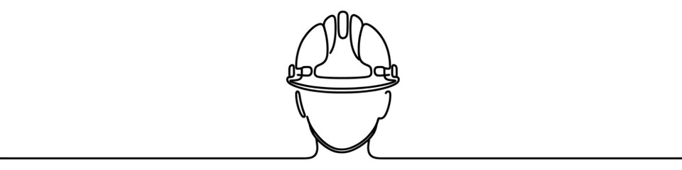 Minimalist illustration representing a construction worker wearing a safety helmet, drawn with one continuous line