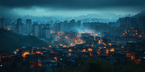 Fototapeta premium Dystopian city with crumbling slums contrasting a futuristic wealthy skyline, concept of contrasts