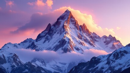 Fototapeta premium Mountain Peak Illuminated by First Light, Snow-Capped Summit Against Dawn Sky, Winter Landscape