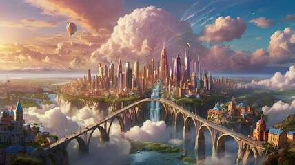 A lively urban scene showcasing a rainbow in the sky and a beautiful rainbow bridge spanning across the city