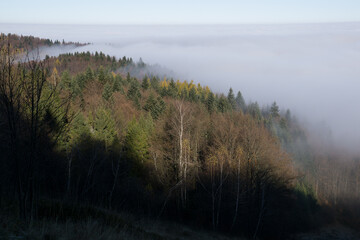 Autumn fog in the mountains of the Little Beskids