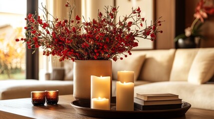 Red Berries in a Vase with Candles and Books on a Table