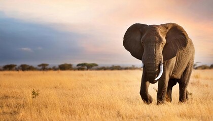 Giant African elephant (Loxodonta africana) walking on savannah background 