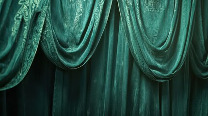 Elegant green velvet curtains with dramatic draping for theater or event decor. World Theatre day. Horizontal banner. Copy space. Green fabric texture background