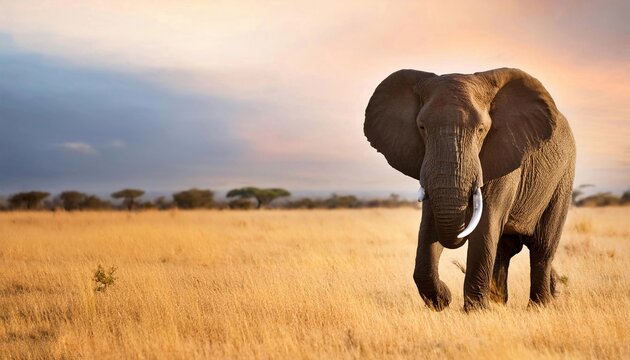 Giant African elephant (Loxodonta africana) walking on savannah background 