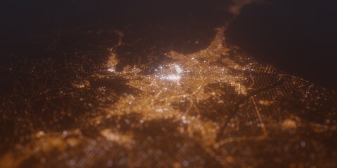 Street lights map of Sapporo (Japan) with tilt-shift effect, view from east. Imitation of macro shot with blurred background. 3d render, selective focus