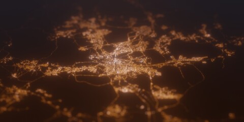 Street lights map of Mecca (Saudi Arabia) with tilt-shift effect, view from west. Imitation of macro shot with blurred background. 3d render, selective focus