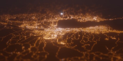 Street lights map of Izmit (Turkey) with tilt-shift effect, view from north. Imitation of macro shot with blurred background. 3d render, selective focus