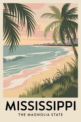 Obraz premium Vintage Travel Poster: Scenic Mississippi Beach at Sunset with Tropical Palm Trees, Capturing the Beauty of the Magnolia States Coastal Paradise