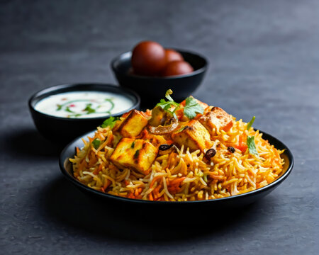Indian spisy food Paneer Tikka biryani with raita and gulab jamun ramdan food on grey background