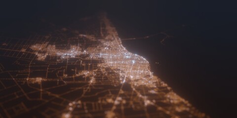 Street lights map of Rosario (Argentina) with tilt-shift effect, view from south. Imitation of macro shot with blurred background. 3d render, selective focus