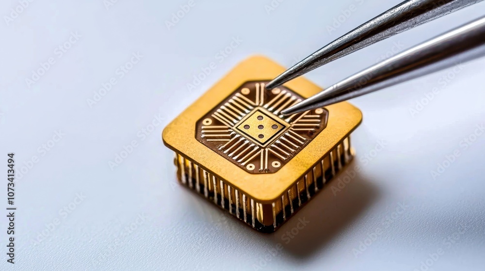 Poster close-up of a microchip being held by tweezers on a light surface, showcasing the power of miniaturi