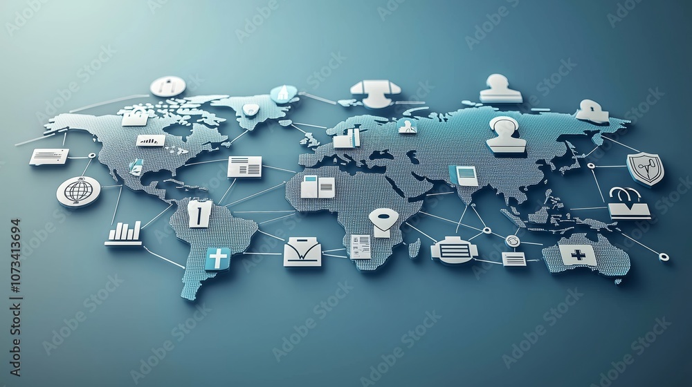Poster global network connections with digital icons representing communication, technology, and data shari