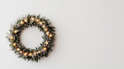 A decorative wreath adorned with lights and greenery against a simple background.