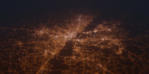 Street lights map of Jackson (Mississippi, USA) with tilt-shift effect, view from south. Imitation of macro shot with blurred background. 3d render, selective focus