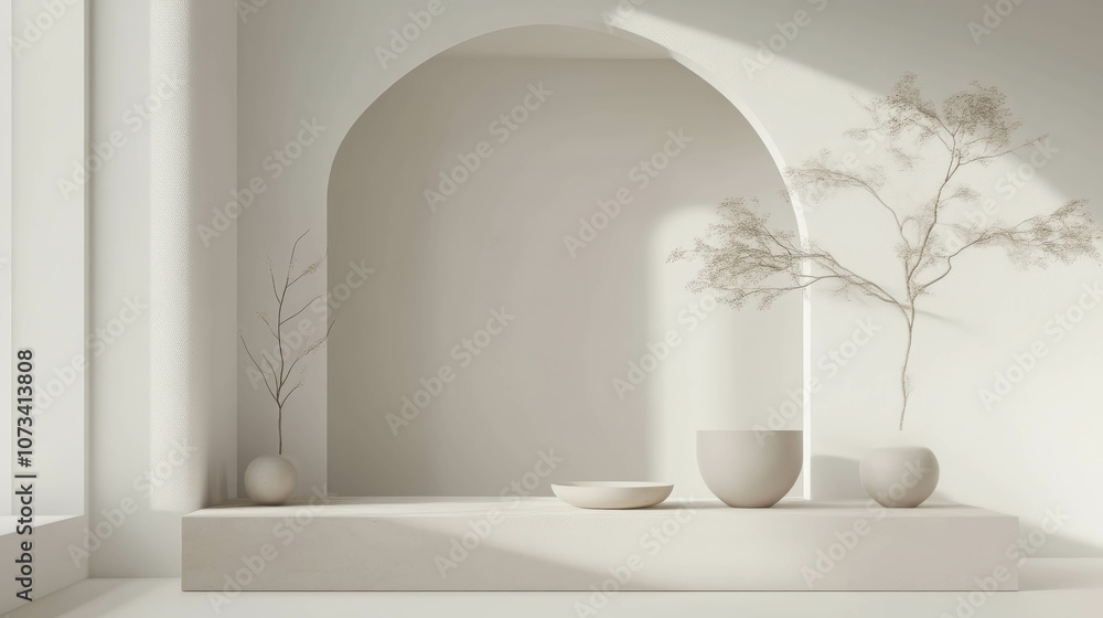 Poster minimalistic 3d scene with smooth curves and soft designs featuring elegant pottery and delicate pla