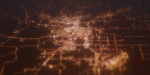 Street lights map of Rapid City (South Dakota, USA) with tilt-shift effect, view from east. Imitation of macro shot with blurred background. 3d render, selective focus