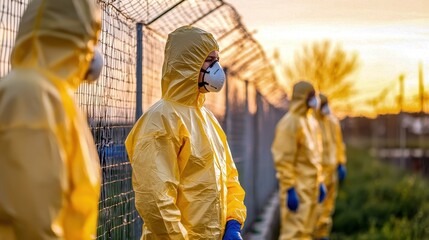 Cleanup workers in protective suits applying disinfectants in a controlled decontamination area.