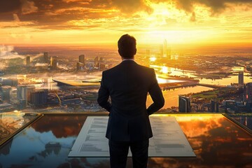 Fototapeta premium A businessman gazing at a vibrant sunset over the city skyline, Financial advisor going over compliance for estate tax, legal adherence, structured planning