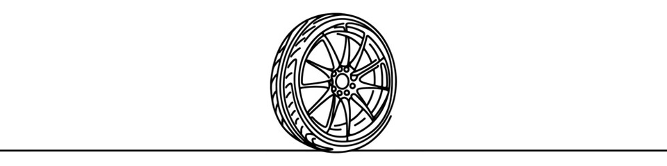 One continuous line illustration of a car wheel, isolated on white background. Line art of car wheel.