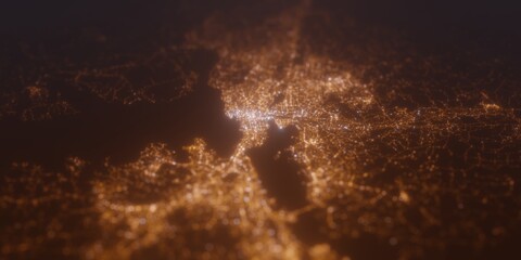 Street lights map of Tampere (Finland) with tilt-shift effect, view from west. Imitation of macro shot with blurred background. 3d render, selective focus