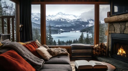 Fototapeta premium Cozy Cabin Interior with Mountain View and Fireplace