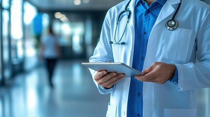 A doctor with a stethoscope and tablet, blending tradition with modern tools.