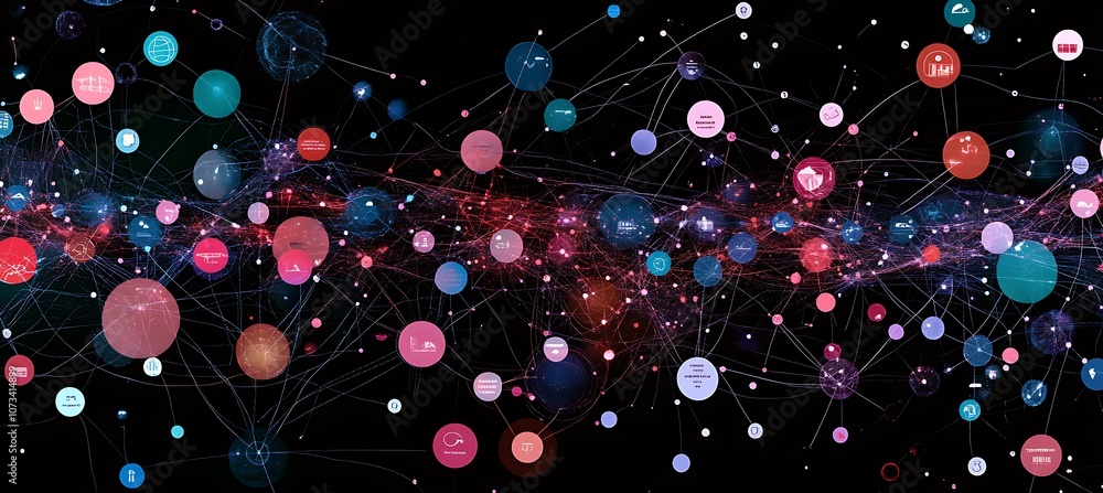 Poster a global supply chain network visualization, with nodes and connections, leaving space for text