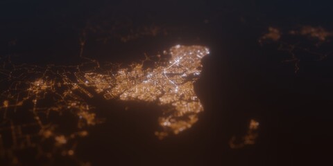 Street lights map of Belem (Brazil) with tilt-shift effect, view from north. Imitation of macro shot with blurred background. 3d render, selective focus