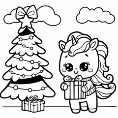 Fototapeta premium A cute unicorn is holding a present in front of a Christmas tree. Coloring page for children.